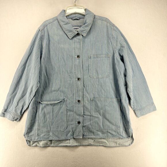 Old Navy Button Front Jean Jacket White/Blue Stripes Ladies Size‎ 2X NEW - Picture 1 of 11